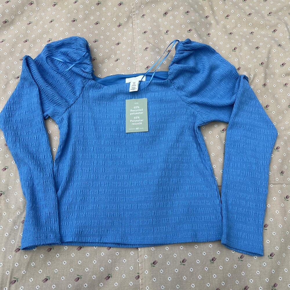 H&M Shirt Womens Small Blue Puff Sleeve Textured Long Sleeve Square Neck NWT‎